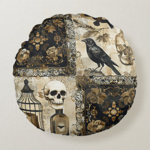 Vintage Goth Skulls and Birdcages Round Cushion