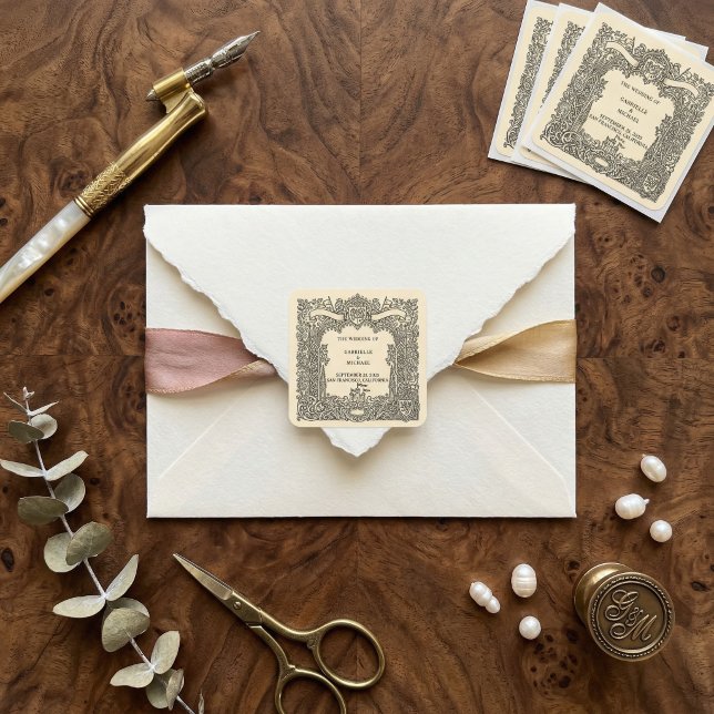 Vintage Gothic Arch Heraldic Crest Wedding  Square Sticker (Creator Uploaded)