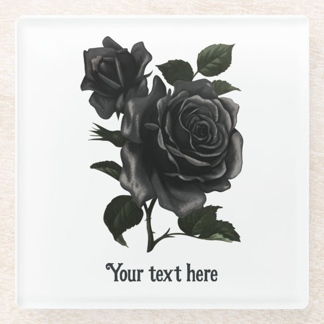 Vintage Gothic Black Roses Personalised Glass Coaster (Front)