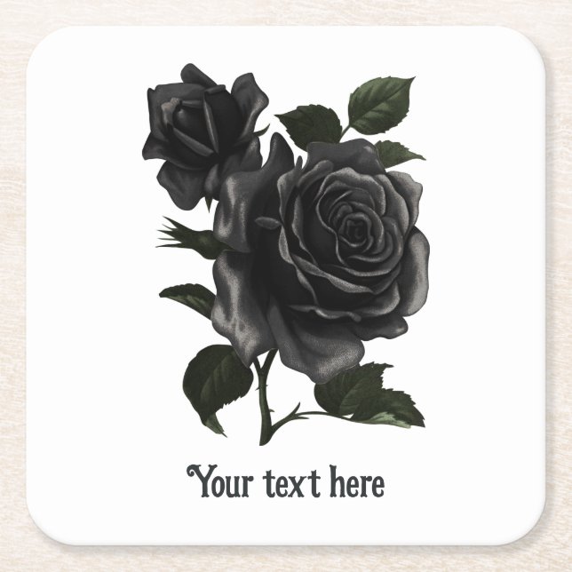 Vintage Gothic Black Roses Personalised Square Paper Coaster (Front)