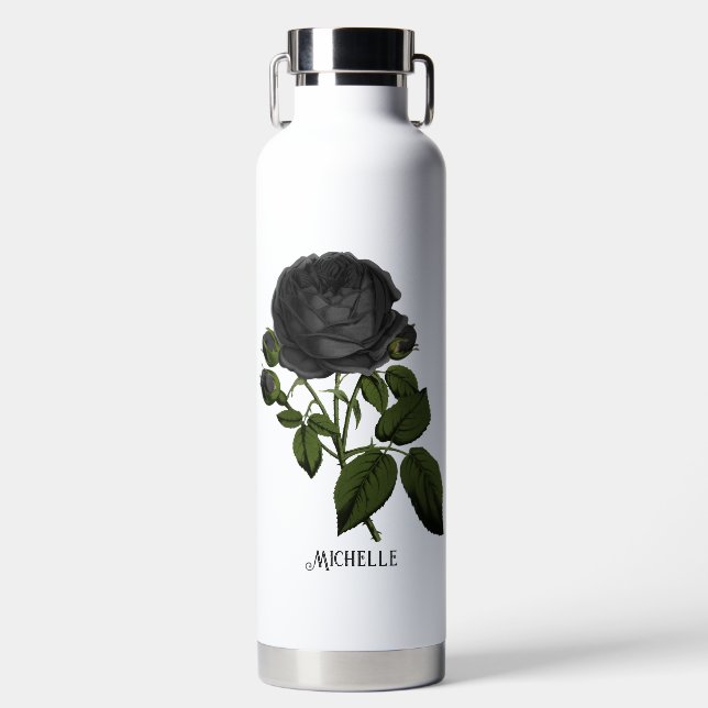 Vintage Gothic Black Roses Personalised Water Bottle (Front)