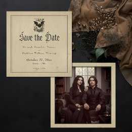 Vintage Gothic Black Toile Bat Tan Photo Wedding Save The Date