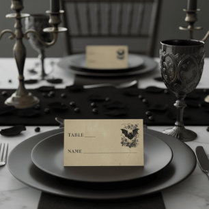 Vintage Gothic Black Toile Bat Tan Wedding Place Card