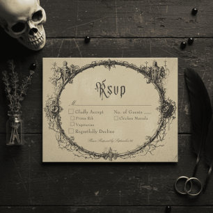 Vintage Gothic Black Toile Bat Tan Wedding RSVP Card
