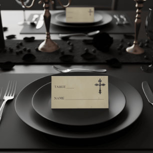 Vintage Gothic Black Toile Cross Tan Wedding Place Card