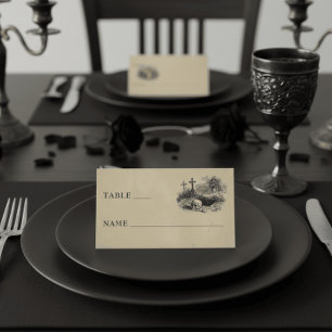 Vintage Gothic Black Toile Graves Tan Wedding Place Card