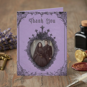 Vintage Gothic Black Toile Photo Purple Wedding Thank You Card