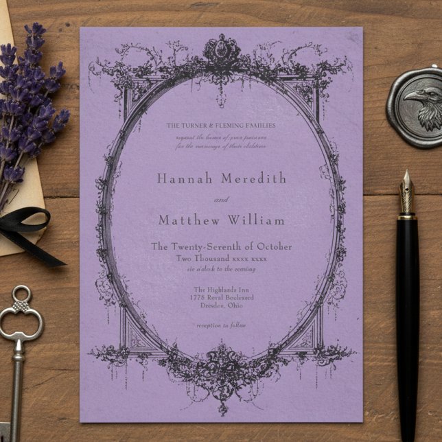 Vintage Gothic Black Toile Purple Wedding Invitation (Creator Uploaded)