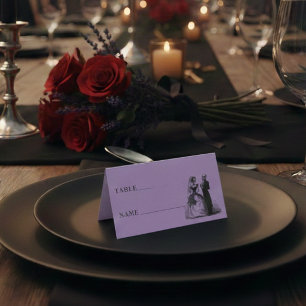 Vintage Gothic Black Toile Skeleton Purple Wedding Place Card