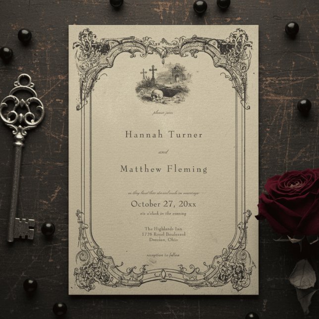 Vintage Gothic Black Toile Skull Tan Wedding Invitation (Creator Uploaded)