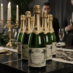 Vintage Gothic Black Toile Tan Bat Wedding Sparkling Wine Label