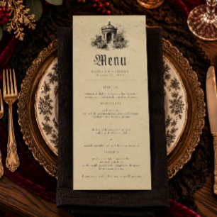 Vintage Gothic Black Toile Tan Mausoleum Wedding Menu