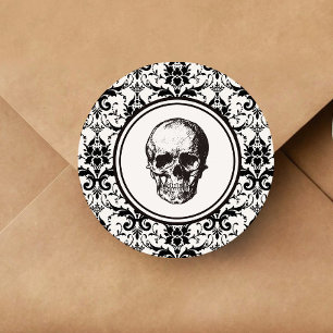 Vintage Gothic Black & White Damask Pattern Skull Classic Round Sticker