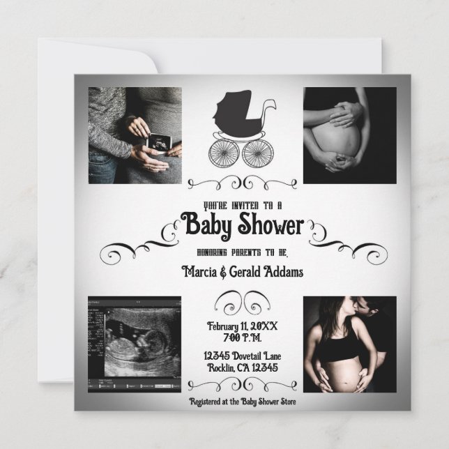 Vintage Gothic Black & White Pram Baby Shower Invitation (Front)