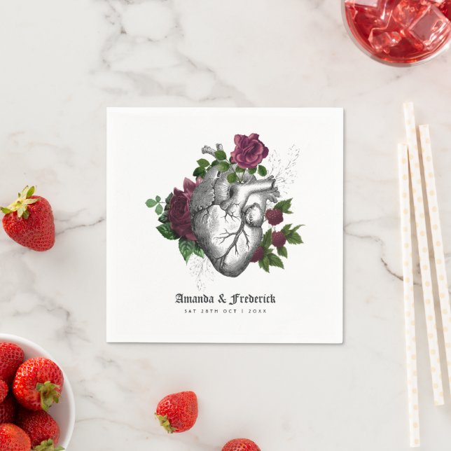 Vintage Gothic Burgundy Floral Heart Halloween Napkin (Insitu)