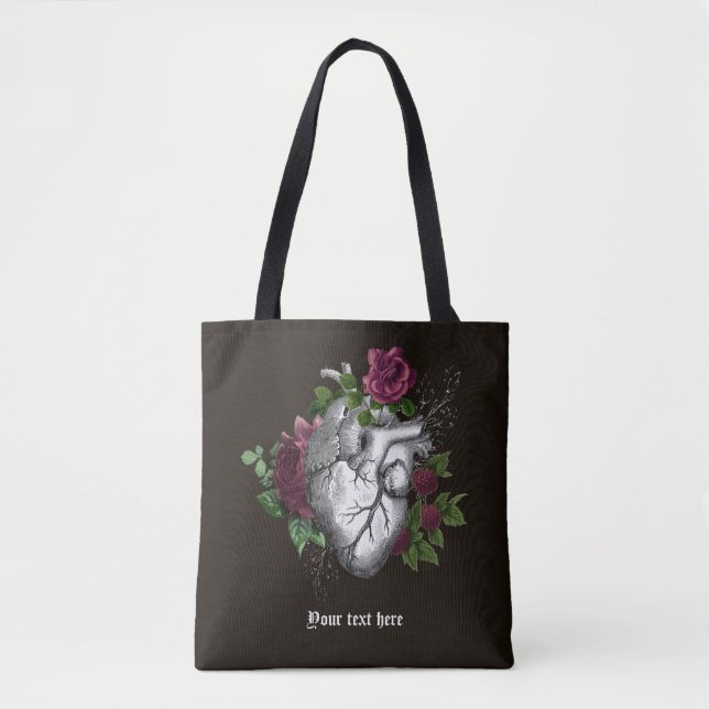 Vintage Gothic Burgundy Floral Heart Tote Bag (Front)