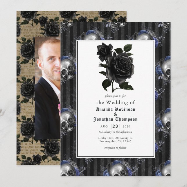 Vintage Gothic Floral Wedding Photo Invitation (Front/Back)