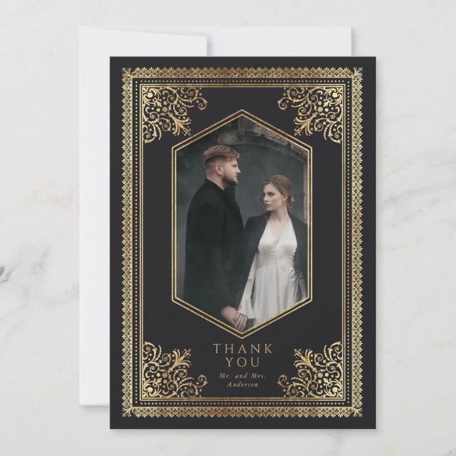 Vintage Gothic Gold Victorian Wedding Photo  Thank You Card (Front)