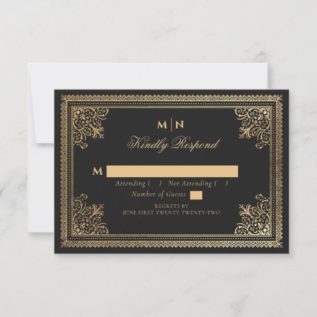 Vintage Gothic Gold Victorian Wedding RSVP  (Front)