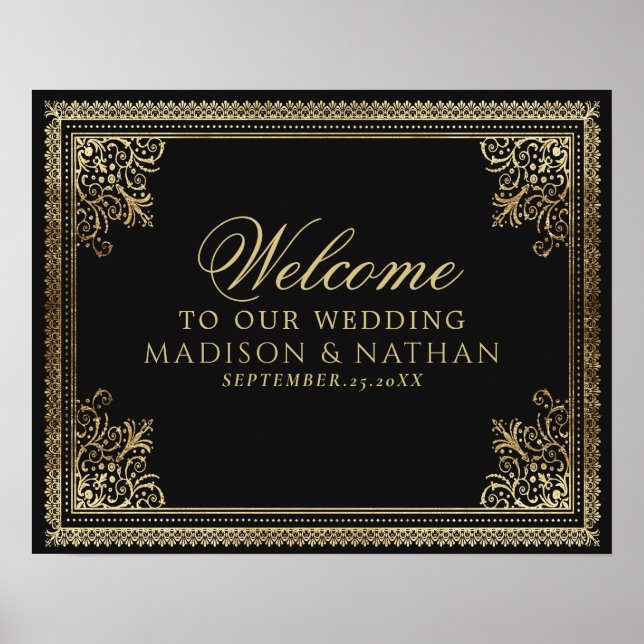 Vintage Gothic Gold Victorian Wedding Welcome Sign (Front)