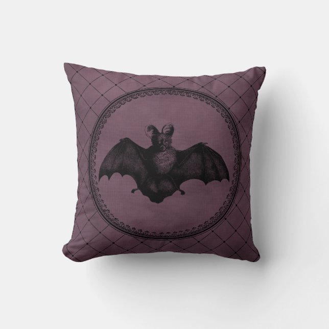 Vintage Gothic Halloween Bat on Purple Cushion (Front)