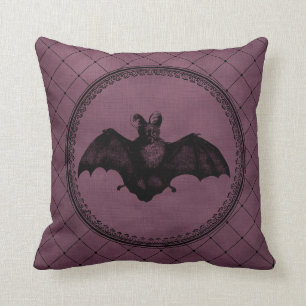 Vintage Gothic Halloween Bat on Purple Cushion