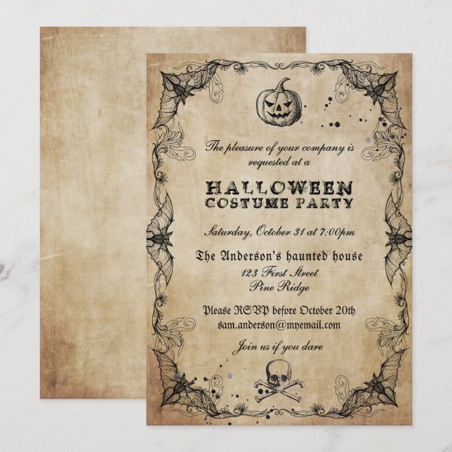 Vintage Gothic Halloween Costume Party Invitation (Front/Back)