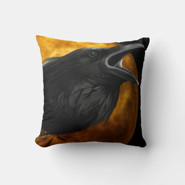 Vintage Gothic Halloween Large Black Raven Bird Cushion (Front)