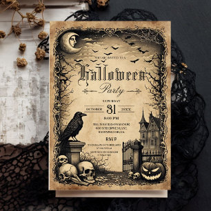 Vintage Gothic Halloween Party Invitation Raven 