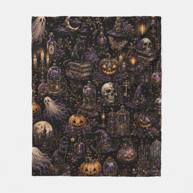 Vintage Gothic Halloween Spooky Night Pattern Fleece Blanket (Front)