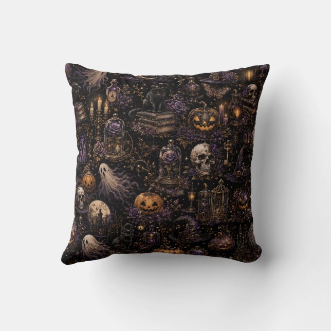 Vintage Gothic Halloween Spooky Seamless Pattern Cushion (Back)