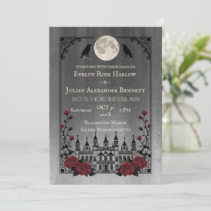 Vintage Gothic Halloween Wedding Full Moon Bats Invitation