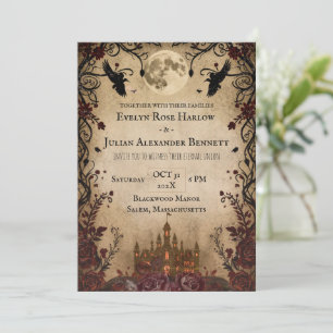 Vintage Gothic Halloween Wedding Full Moon Bats Invitation