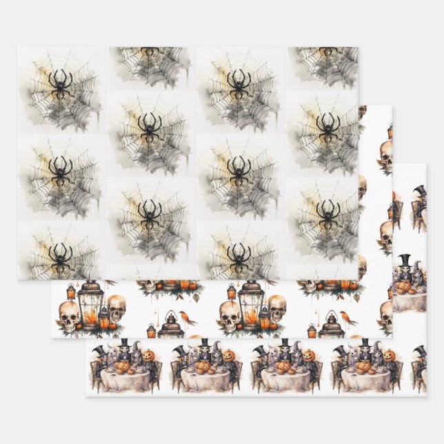 Vintage Gothic Halloween Wrapping Paper Sheet (Set)