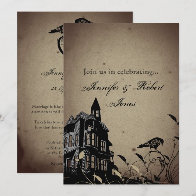 Vintage Gothic House Heart Raven Anniversary Invitation (Front/Back)