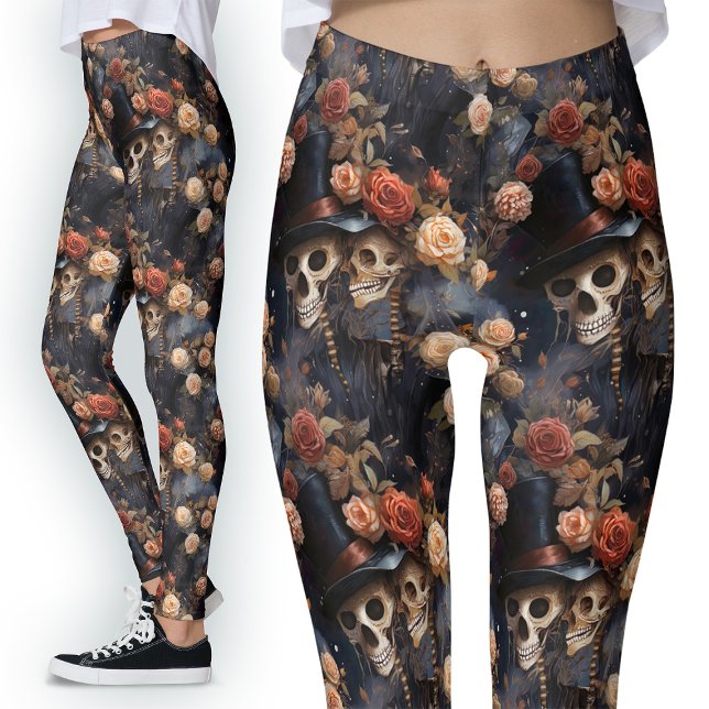 Vintage Gothic Lovers Floral Romantic Skeleton Leggings (Creator Uploaded)