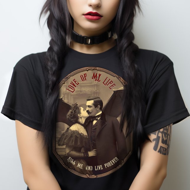 Vintage Gothic Lovers Vampire Dracula Kiss T-Shirt (Embrace the Seductive Allure of Dracula's Kiss, and live forever. Personalized Gothic Tshirt Design.)