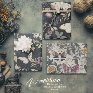 Vintage Gothic Moth & Floral Dark Grey & Purple Wrapping Paper Sheet