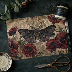 Vintage Gothic Moth & Red Poppy Botanical Ephemera Tissue Paper