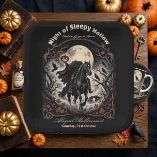 Vintage Gothic Night Headless Horseman Full Moon Paper Plate