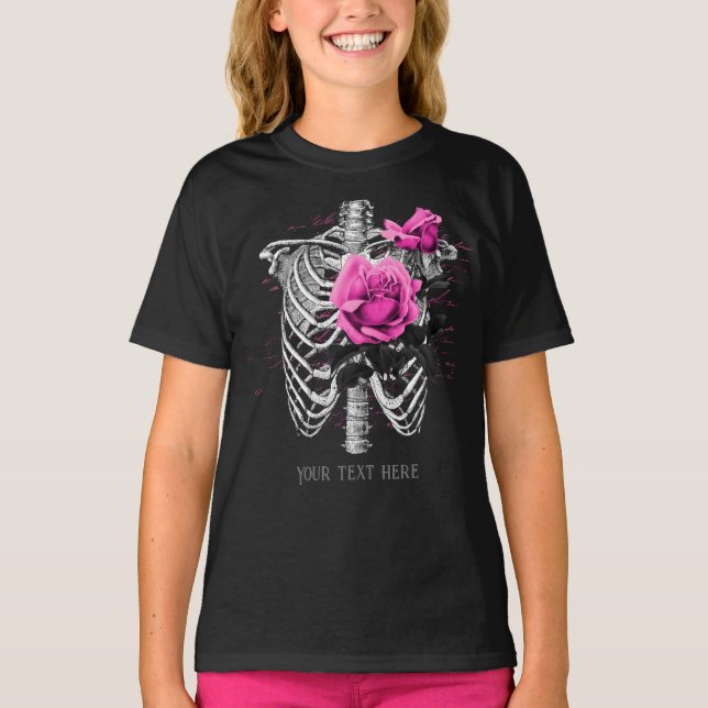 Vintage Gothic Pink Rose Skeleton Personalised T-Shirt (Front)
