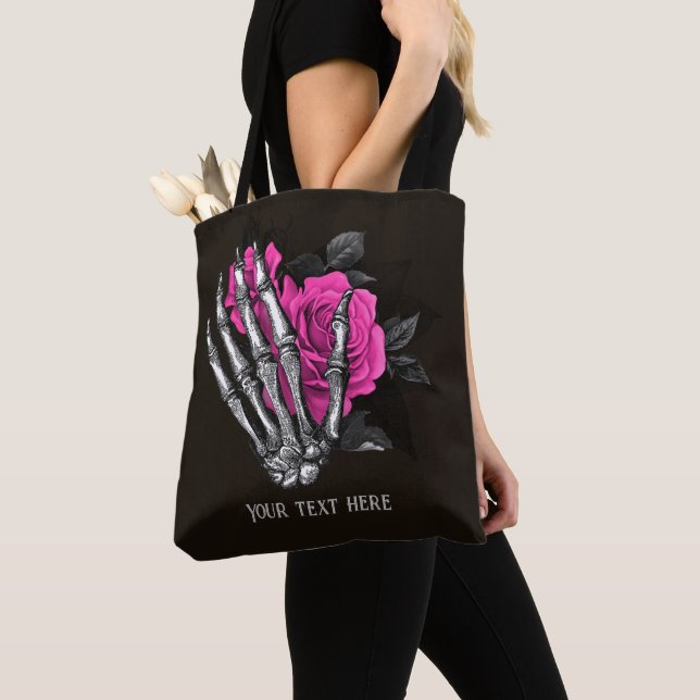 Vintage Gothic Pink Rose Skeleton Personalised Tote Bag (Close Up)