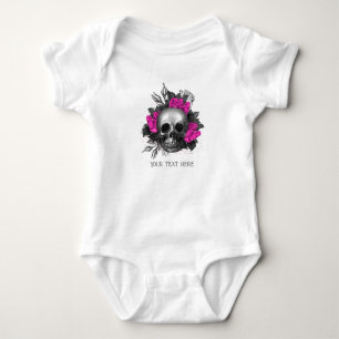 Vintage Gothic Pink Rose Skull Personalised Baby Bodysuit
