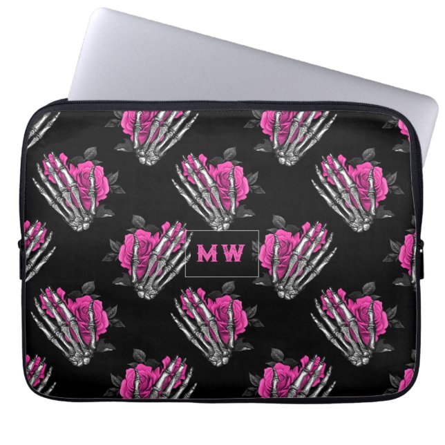 Vintage Gothic Pink Roses Skull Monogram Laptop Sleeve (Front)