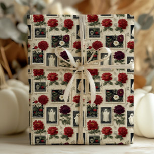 Vintage Gothic Postage Stamp Ghost & Red Roses Wrapping Paper