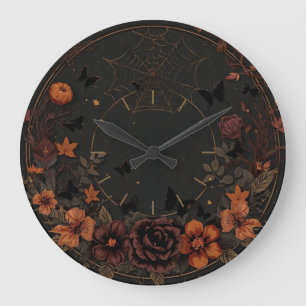 Vintage Gothic Pumpkin & Fall Floral Halloween Clo Large Clock