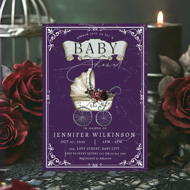 Vintage Gothic Purple Halloween Baby Shower Invitation (Vintage Gothic Purple Halloween Baby Shower Invitation)
