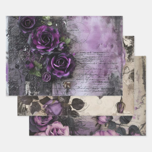 Vintage Gothic Purple Roses Decoupage  Wrapping Paper Sheet