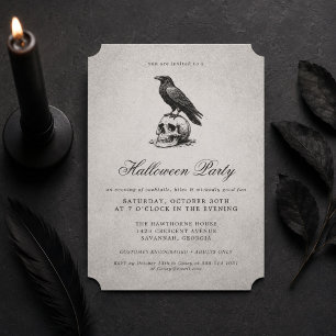 Vintage Gothic Raven and Skull Adult Halloween Invitation