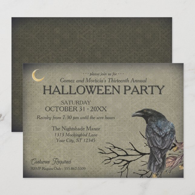 Vintage Gothic Raven Halloween Party Invitation (Front/Back)